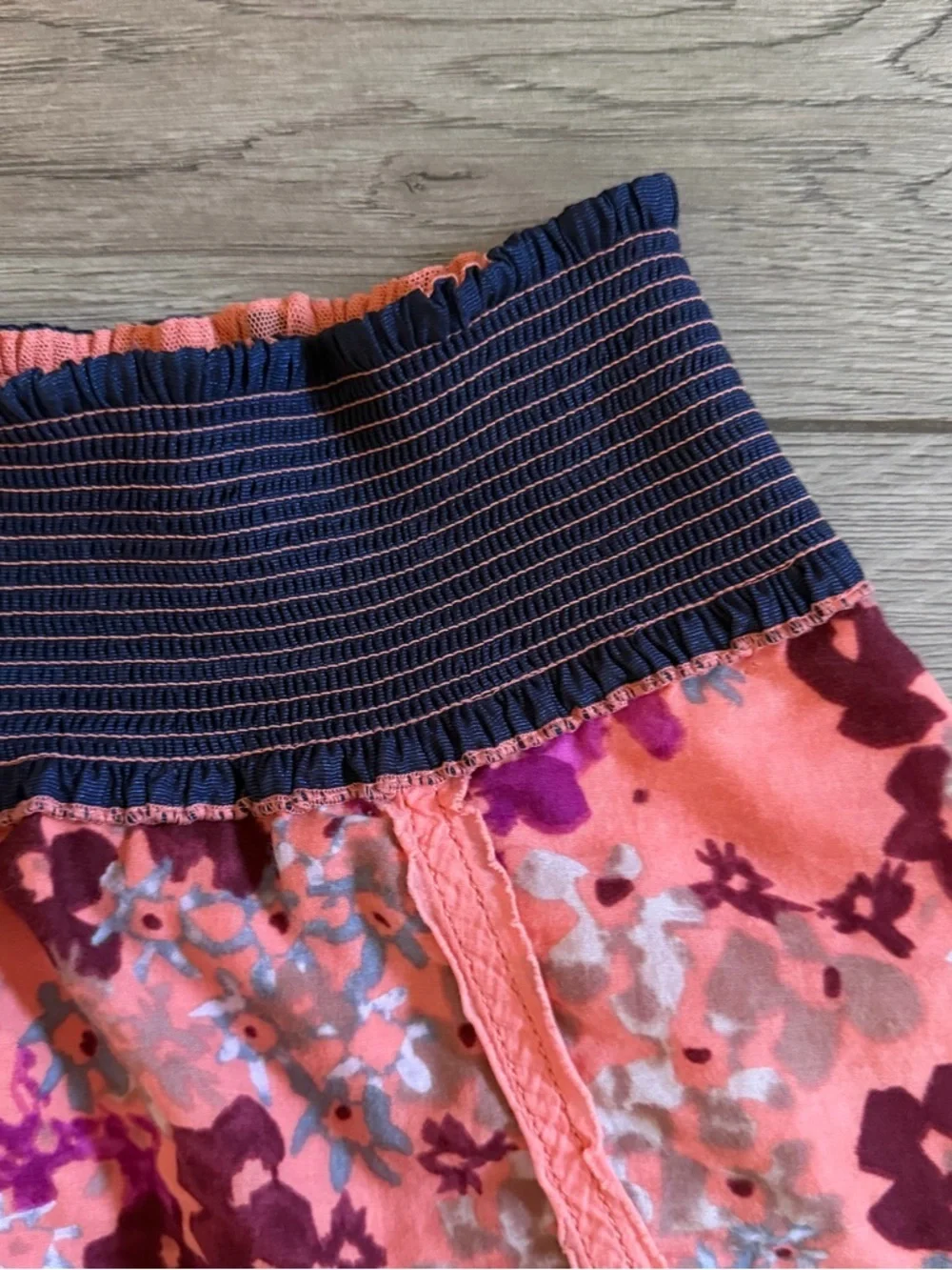 Free People Salmon Floral Mini Skirt with Navy Elastic Waist Size Small